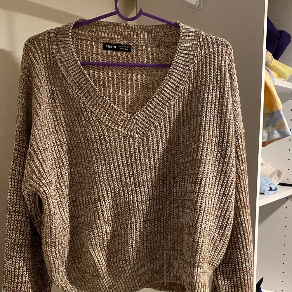 SHEIN Taupe Marled V-Neck Chunky Knit Sweater